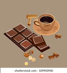cup of coffee with bar of chocolate, hazelnuts, anise and cinnamon
