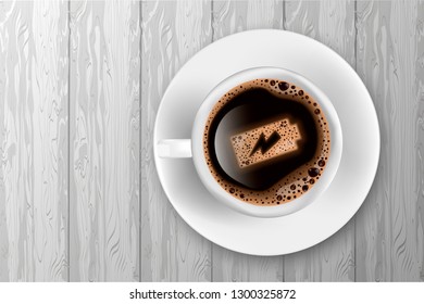 Cup of coffee with battery energy on foam. Realistic vector illustration