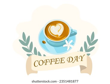 Tasse Kaffee mit Kaffeebohnen Dekoration und Blume. Internationaler Kaffeetag. Horizontaler Banner.