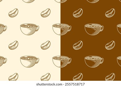 cup of coffee, coffee bean doodle seamless pattern on brown white background for print on packaging, merchandise.  retro coffee beverage pattern background. pattern of coffee drink vector background