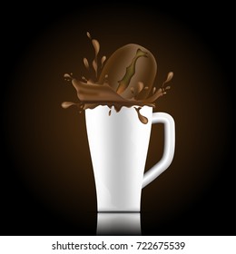 cup of coffee with coffee bean drop down in cup and water splash vector eps10