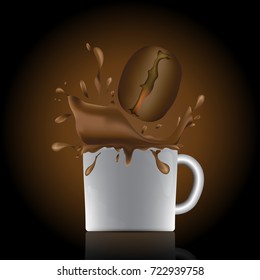 cup of coffee with coffee bean dropping in cup with water splash vector eps10