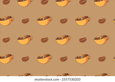 cup of coffee with coffee bean element colorful seamless pattern on brown background for print on packaging, stationery, merchandise.  classic cup of coffee beverage seamless pattern background. 