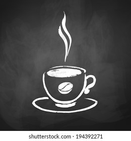 A cup of coffee with coffee bean. Hand drawn sketch on chalkboard background. Vector illustration