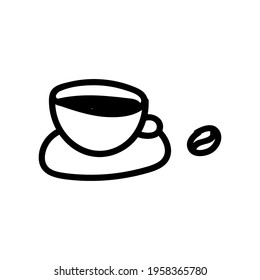 Taza de café con frijol. Ilustración del vector del doodle dibujado a mano aislada en el fondo blanco. Dibujos simples de color negro. 