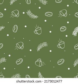 cup coffee bean cup in hand-drawn style with seamless style green background wallpaper