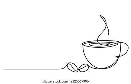 Cup of coffee and coffee bean. Hot. Aroma of coffee. 
Continuous line drawing