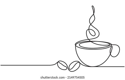 Cup of coffee and coffee bean. Hot. Aroma of coffee
Continuous line drawing