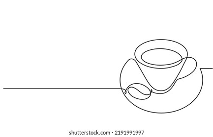 Cup of coffee and coffee bean. Hot. Aroma of coffee. Continuous line drawing