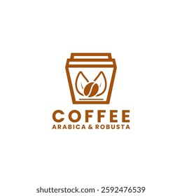 Cup Coffee with bean and leaf line art logo icon. Coffee Bean logo design
