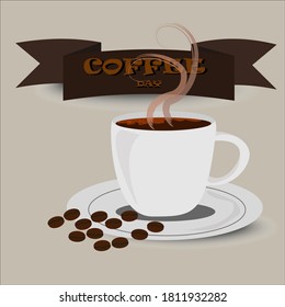 Cup of coffee with coffee bean on dish.