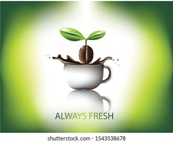 The cup of coffee with coffee  bean on green and white background. Vector illustration for your design. 