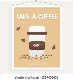 a cup of coffee with bean on photo frame.the wallpaper decorate with maple leaf.picture for cafe drink sweet shop.