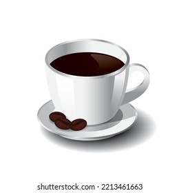 A cup of coffee with coffee bean realistic image vector. Illustration of coffee in porcelain cup realistic vector