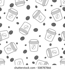 Cup of coffee  with coffee bean. Seamless coffee pattern hand drawn vector illustration.