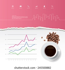 Cup of coffee and coffee beans with abstract ripped paper and business graph. Vector infographic background for template design.