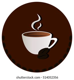 Cup with coffee and coffee beans in brown circle