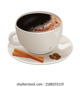 A cup of coffee with beans and cinnamon sticks. Creates coziness and warmth. Vector illustration, for banners and postcards.