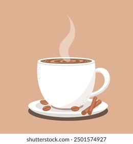 Taza de café con granos de café y canela. Ilustración vectorial