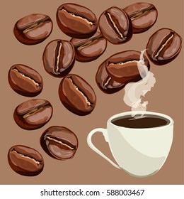 Cup of coffee and coffee beans. Close up, isolated. 