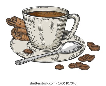 Cup of coffee and beans color sketch engraving vector illustration. Scratch board style imitation. Hand drawn image.