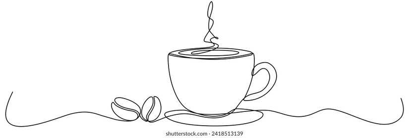 Cup with coffee beans continuous line drawing. Vector illustration isolated on white.
