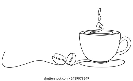 Taza con granos de café línea continua dibujada. Ilustración vectorial aislada sobre fondo blanco.	