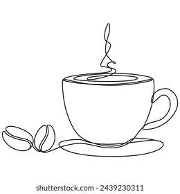 Cup with coffee beans continuous line drawn. Vector illustration isolated on white background.	