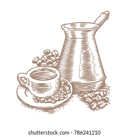 Cup of coffee with coffee beans and copper cezve