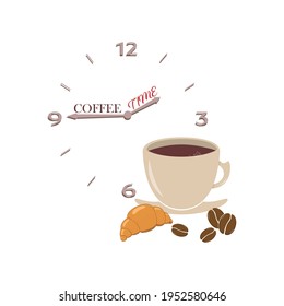 A cup of coffee, coffee beans, a croissant and an hour dial with the inscription Coffee Time. Break from work and rest symbol. Vector illustration. For various purposes of design.