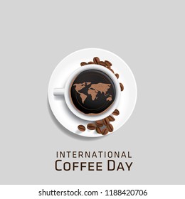 Cup of coffee with coffee beans decoration and sprinkle forming world map, banner, poster, greeting card