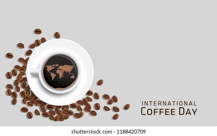 Cup of coffee with coffee beans decoration and sprinkle forming world map, banner, poster, greeting card