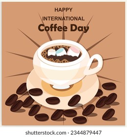 Copa de café con decoración de granos de café y rociado formando mapa mundial, pancarta, afiche, vectores de tarjetas de saludo
