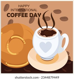 Cup of coffee with coffee beans decoration and sprinkle forming world map, banner, poster, greeting card vector