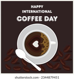Copa de café con decoración de granos de café y rociado formando mapa mundial, pancarta, afiche, vectores de tarjetas de saludo