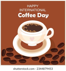 Cup of coffee with coffee beans decoration and sprinkle forming world map, banner, poster, greeting card vector
