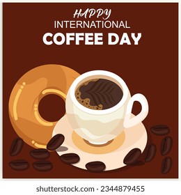 Cup of coffee with coffee beans decoration and sprinkle forming world map, banner, poster, greeting card vector