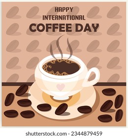 Cup of coffee with coffee beans decoration and sprinkle forming world map, banner, poster, greeting card vector