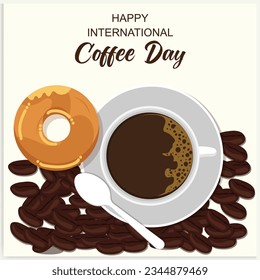 Cup of coffee with coffee beans decoration and sprinkle forming world map, banner, poster, greeting card vector