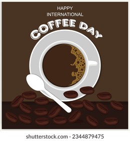 Cup of coffee with coffee beans decoration and sprinkle forming world map, banner, poster, greeting card vector