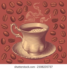 Cup of coffee and coffee beans. Design set. Editable hand drawn illustration. Vector vintage engraving. 8 EPS