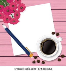 cup of coffee , coffee beans , flower , pen , and note on pink wood vector illustration