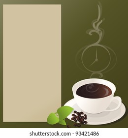 A cup of coffee, with coffee beans and green leaves on a side, smoke taking clock-like form and description notepad./Coffee time