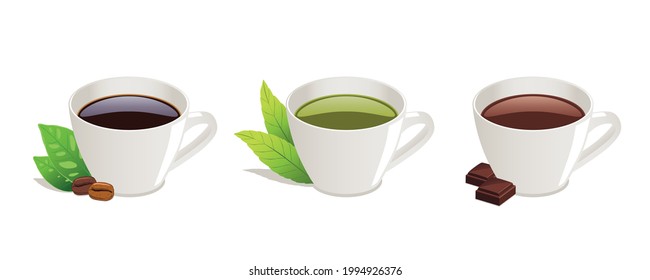Taza de café con granos de café, Taza de té verde con hojas, Taza de chocolate caliente con un trozo de barra de chocolate aislado sobre fondo blanco.
