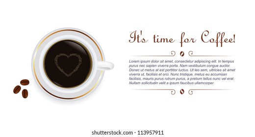 Cup of coffee with beans and heart shape. Vector illustration