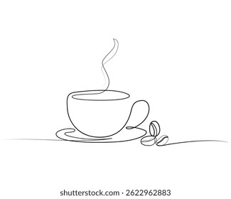 Cup of coffee and coffee beans. Hot beverage. Aroma of coffee. Continuous line drawing.