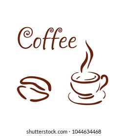 A cup of coffee and coffee beans. Icons. Isolated silhouettes. Vector illustration

