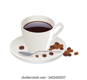 Cup of coffee with coffee beans isolated on white background.