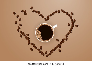 A cup of coffee in coffee beans laid out in the shape of a heart. Vector illustration of love of coffee
