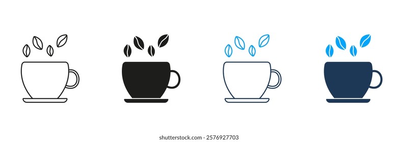 Cup with Coffee Beans Line and Silhouette Icon Set. Hot Drink in Cup Symbol. Editable Stroke. Isolated Vector Illustration.